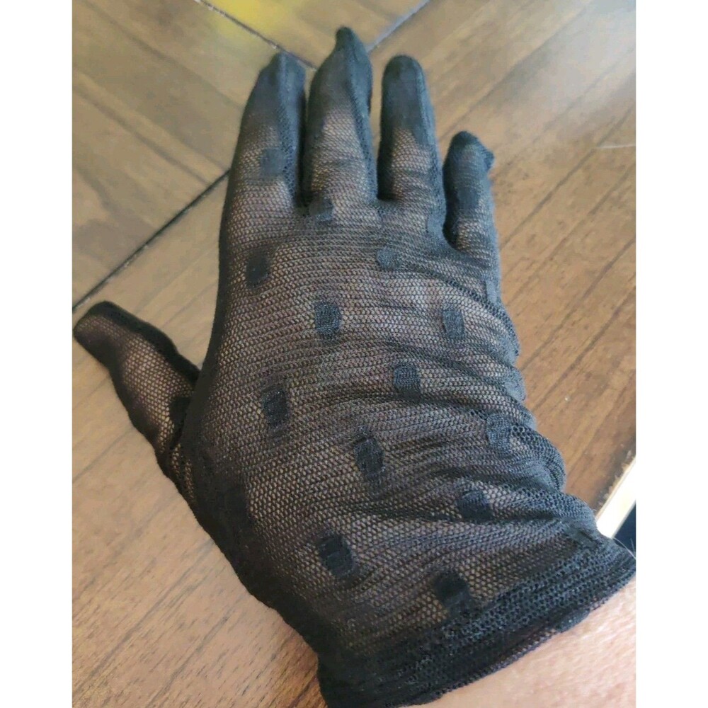Vintage Sheer NYLON 80s GLOVES BLACK Polka Dot FOWNES Phillipines Stretch